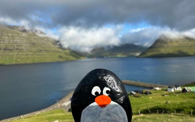 Hand-painted penguin stone #640 hidden at Memorial, Sydradalur, Faroe Islands