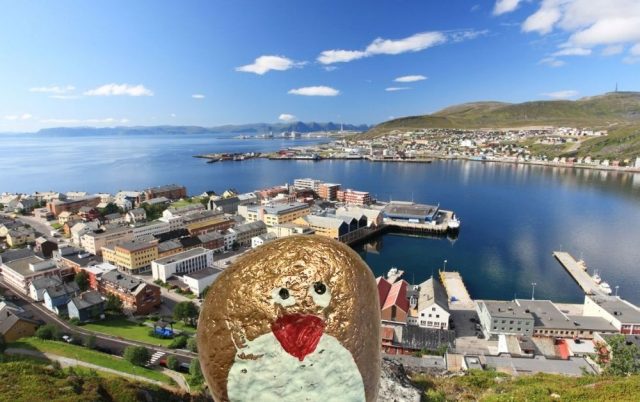Hand-painted penguin stone #513 hidden at The Struve Geodetic Arc Norway, Hammerfest, Norway