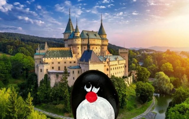 Hand-painted penguin stone #718 hidden at Bojnice Castle, Bojnice, Slovakia (photo 2 of 5)