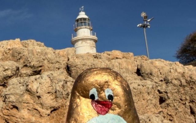Hand-painted penguin stone #505 hidden at Roman Odeon, Paphos, Cyprus
