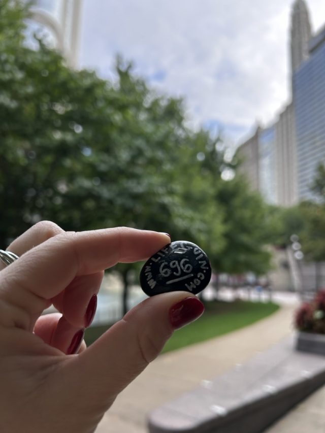 Hand-painted penguin stone #696 hidden at Chicago Riverwalk, Illinois, United States (photo 3 of 5)