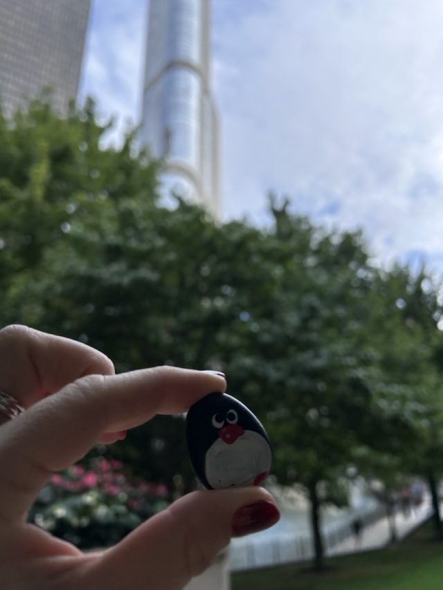 Hand-painted penguin stone #696 hidden at Chicago Riverwalk, Illinois, United States (photo 4 of 5)