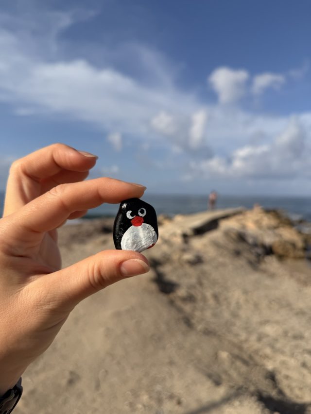 Hand-painted penguin stone #712 hidden at Palm Tree, Paphos, Cyprus (photo 4 of 5)