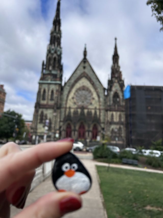 Hand-painted penguin stone #730 hidden at East Mount Vernon Place, Baltimore, United States (photo 5 of 5)
