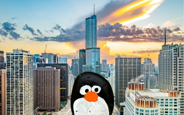 Hand-painted penguin stone #742 hidden at Cityfront Plaza, Chicago, United States (photo 3 of 5)