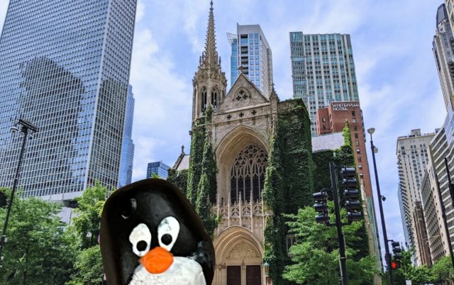 Hand-painted penguin stone #745 hidden at Fourth Presbyterian Church, Chicago, United States (photo 5 of 5)