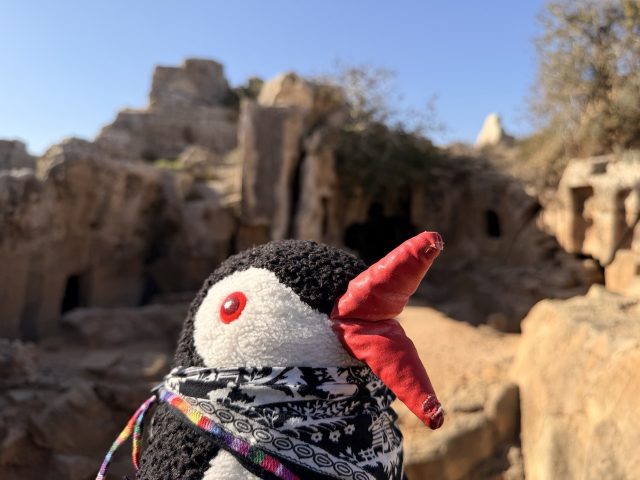 Hand-painted penguin stone #754 hidden at Tomb 9 at Tombs of Kings, Paphos, Cyprus (photo 4 of 5)