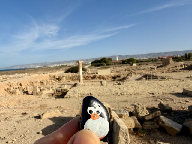 Hand-painted penguin stone #756 hidden at The House of Dionysos, Paphos, Cyprus (photo 3 of 5)