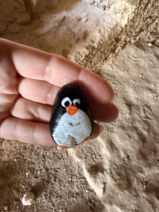 Hand-painted penguin stone #763 hidden at Toumpallos, Paphos, Cyprus (photo 4 of 5)