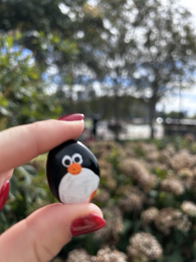 Hand-painted penguin stone #784 hidden at Stature of Rocky, Philadelphia, United States (photo 5 of 5)