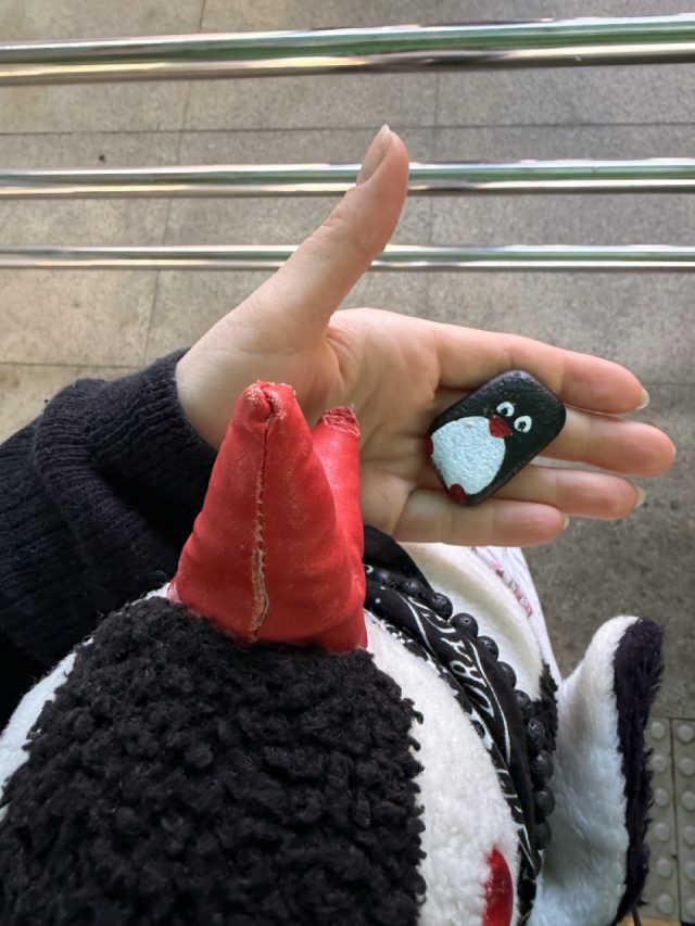 Hand-painted penguin stone #300 hidden at 3rd Tunnel, DMZ, South Korea (photo 3 of 5)