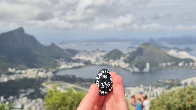Hand-painted penguin stone #336 hidden at Morro dos Irmaos, Rio de Janeiro, Brazil (photo 2 of 5)