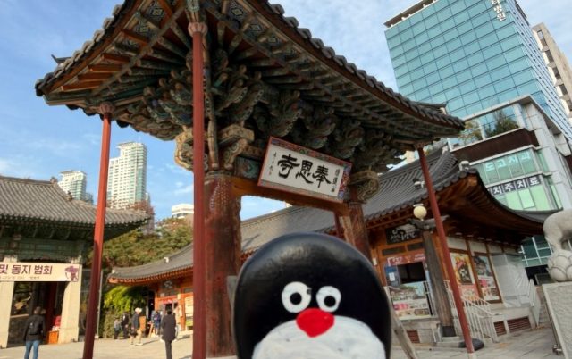 Hand-painted penguin stone #701 hidden at Bongeunsa Temple, Seoul, South Korea (photo 5 of 5)