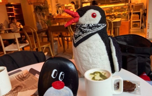 Hand-painted penguin stone #719 hidden at Grey Penguin Coffee, Seoul, South Korea