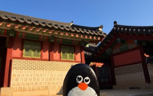 Hand-painted penguin stone #760 hidden at Tree at Changdeokgung Palace, Seoul, South Korea