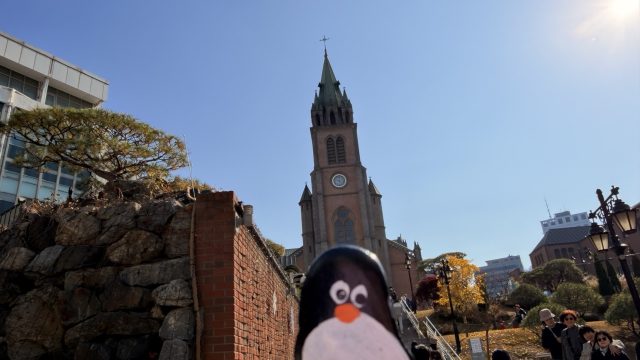 Hand-painted penguin stone #765 hidden at Myeongdong Cathedral, Seoul, South Korea (photo 2 of 5)