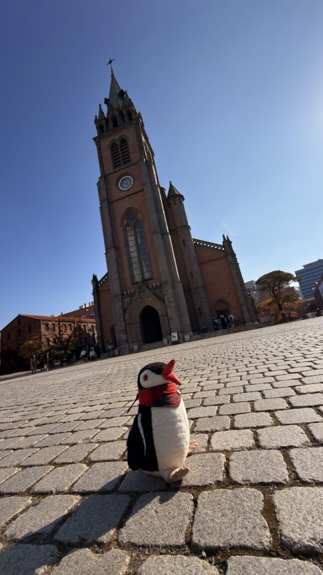 Hand-painted penguin stone #765 hidden at Myeongdong Cathedral, Seoul, South Korea (photo 3 of 5)