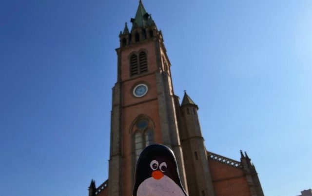 Hand-painted penguin stone #765 hidden at Myeongdong Cathedral, Seoul, South Korea