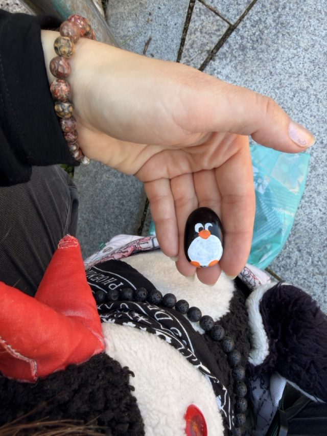 Hand-painted penguin stone #794 hidden at DMZ Sign, DMZ, South Korea (photo 3 of 5)