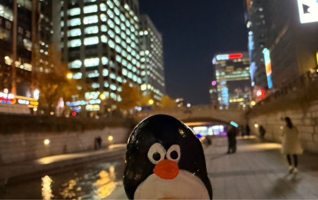Hand-painted penguin stone #797 hidden at Samilgyo Bridge at Cheonggyecheon Stream, Seoul, South Korea (photo 5 of 5)