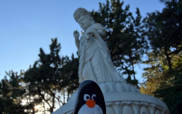Hand-painted penguin stone #799 hidden at Budha Statue at Haedong Yonggungsa Temple, Busan, South Korea