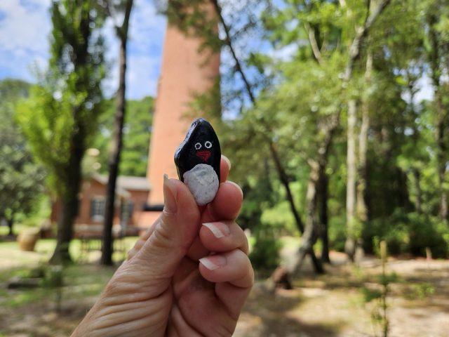 Hand-painted penguin stone #303 hidden at Currituck Beach Lighthouse, North Carolina, United States (photo 3 of 5)
