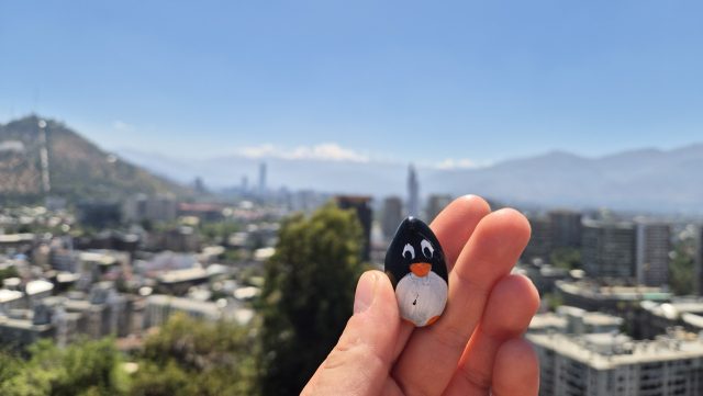 Hand-painted penguin stone #343 hidden at Cerro Santa Lucia, Santiago, Chile (photo 5 of 5)