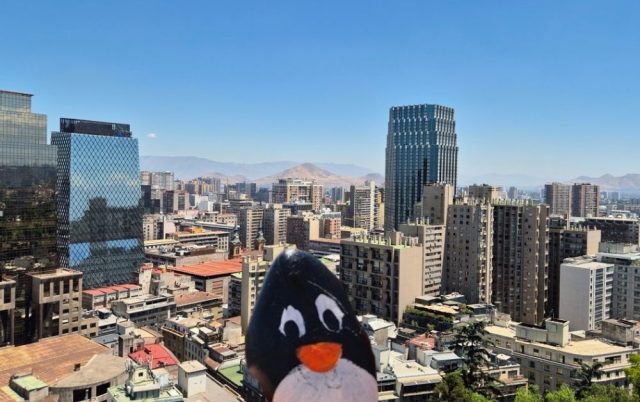 Hand-painted penguin stone #343 hidden at Cerro Santa Lucia, Santiago, Chile