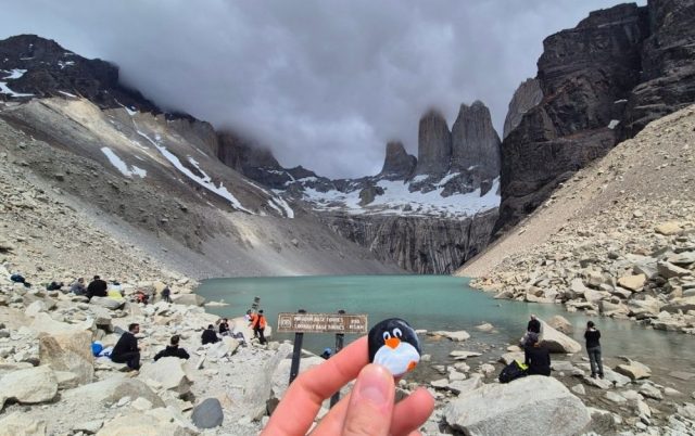 Hand-painted penguin stone #356 hidden at Mirador Las Torres Base, Torres del Paine, Chile