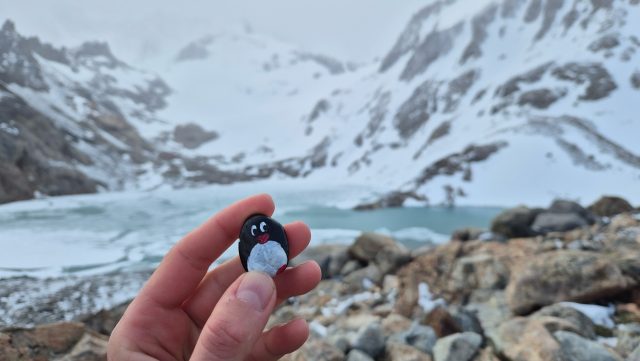 Hand-painted penguin stone #423 hidden at Laguna de los Tres, El Chalten, Argentina (photo 3 of 5)