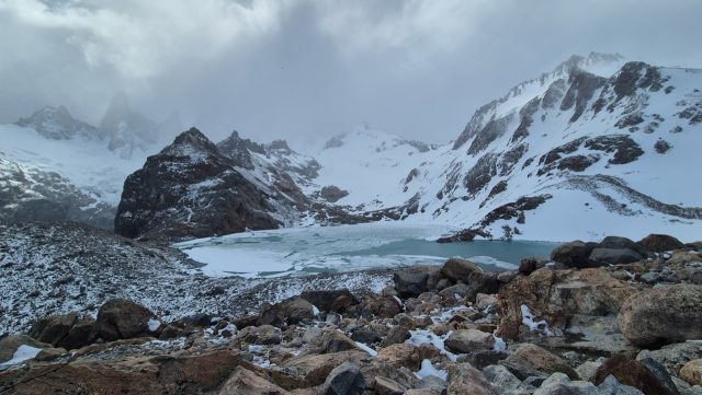 Hand-painted penguin stone #423 hidden at Laguna de los Tres, El Chalten, Argentina (photo 4 of 5)