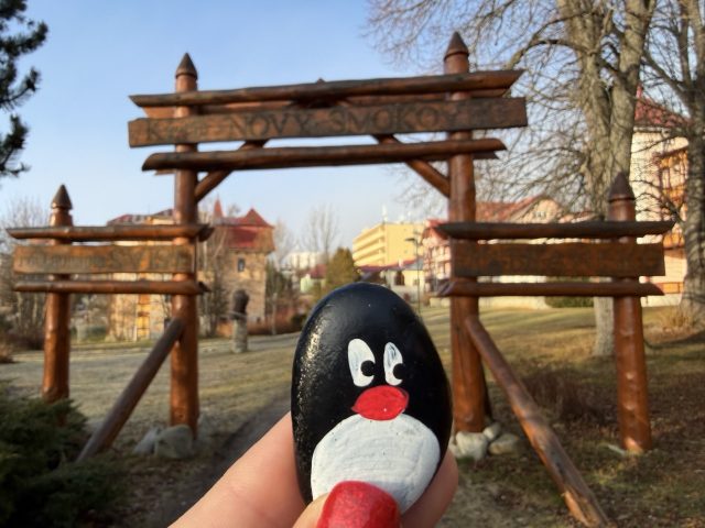 Hand-painted penguin stone #678 hidden at Stary Smokovec, High Tatras, Slovakia (photo 3 of 5)