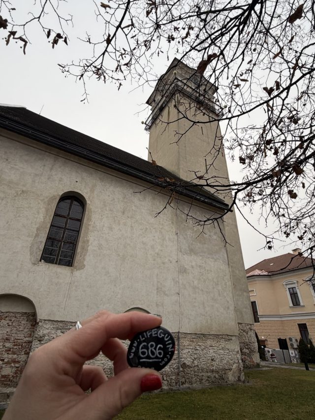 Hand-painted penguin stone #686 hidden at St. Egidia Church, Poprad, Slovakia (photo 5 of 5)