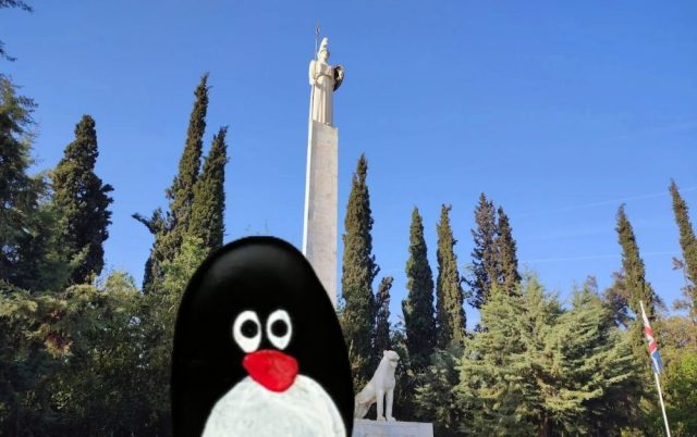 Hand-painted penguin stone #710 hidden at Statue of Athena, Athens, Greece