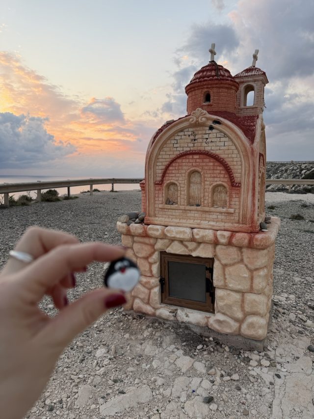 Hand-painted penguin stone #883 hidden at Small roadside chapel (Proskinitari), Limassol, Cyprus (photo 4 of 5)