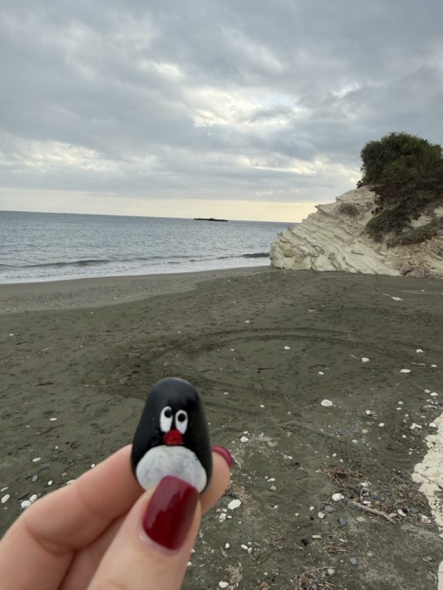 Hand-painted penguin stone #898 hidden at Governor's Beach, Cyprus (photo 3 of 5)