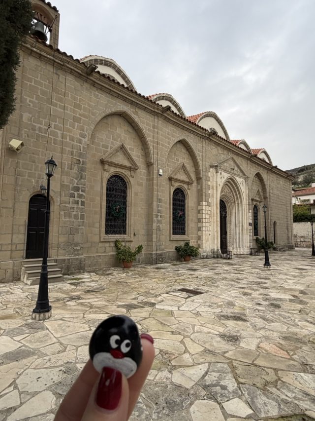 Hand-painted penguin stone #911 hidden at Greek Orthodox Church, Kalavasos, Cyprus (photo 2 of 5)