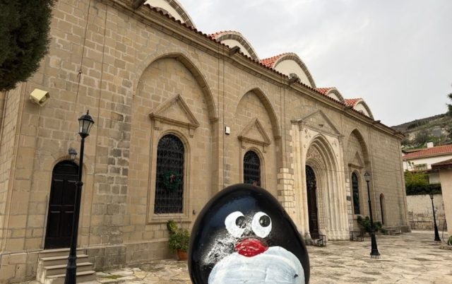 Hand-painted penguin stone #911 hidden at Greek Orthodox Church, Kalavasos, Cyprus