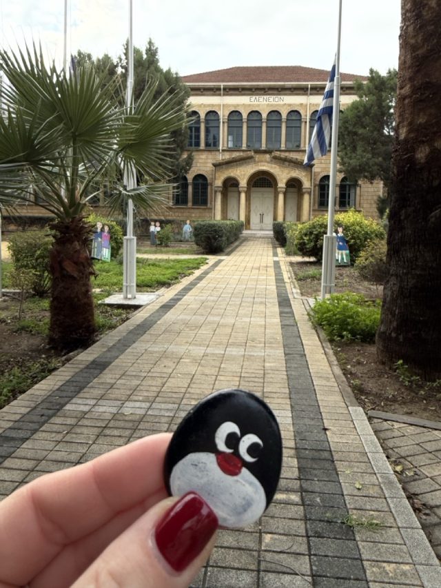 Hand-painted penguin stone #933 hidden at Eleneion Primary School, Nicosia, Cyprus (photo 2 of 5)
