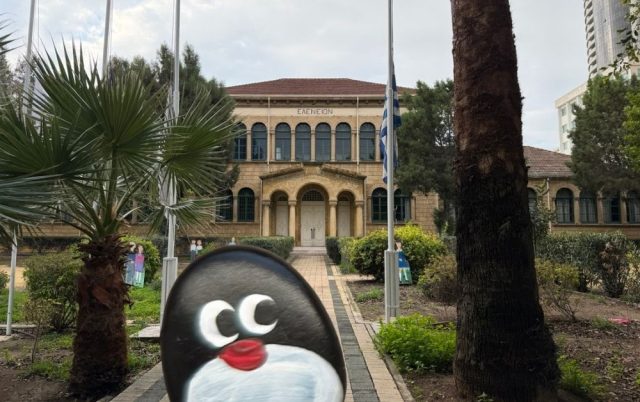 Hand-painted penguin stone #933 hidden at Eleneion Primary School, Nicosia, Cyprus