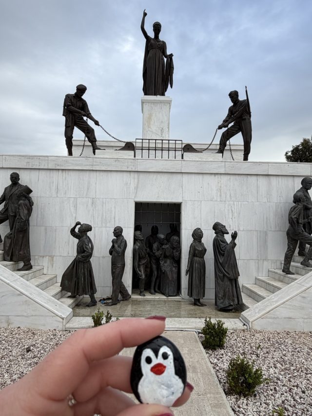 Hand-painted penguin stone #948 hidden at The Liberty Monument, Nicosia, Cyprus (photo 4 of 5)