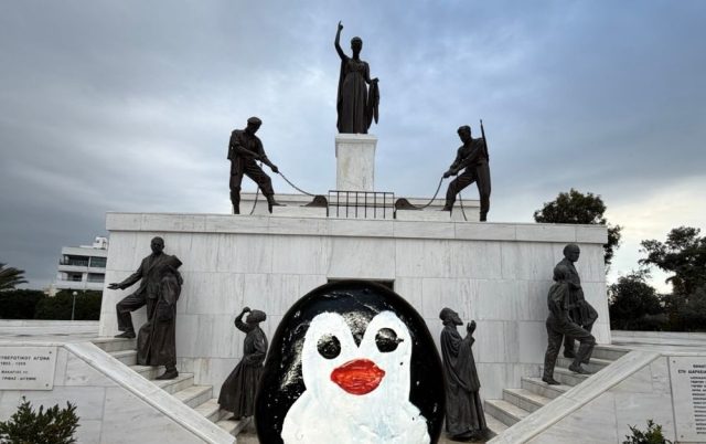Hand-painted penguin stone #948 hidden at The Liberty Monument, Nicosia, Cyprus