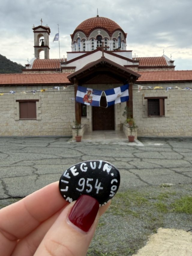 Hand-painted penguin stone #954 hidden at Panagia Galaktotrofousa, Kofinou, Cyprus (photo 3 of 5)