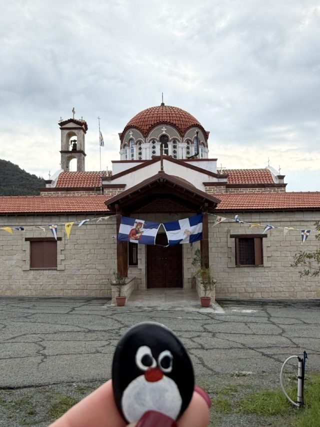 Hand-painted penguin stone #954 hidden at Panagia Galaktotrofousa, Kofinou, Cyprus (photo 4 of 5)