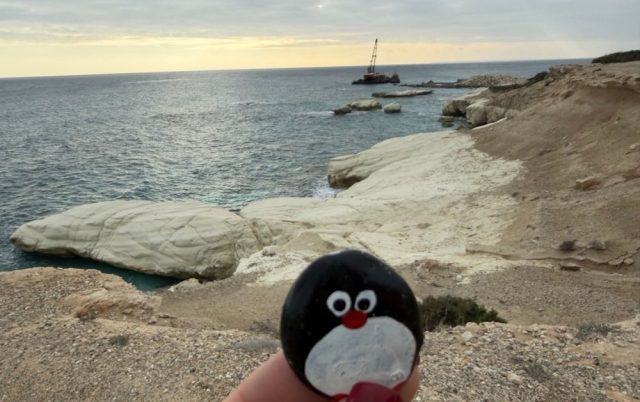 Hand-painted penguin stone #968 hidden at White Rocks, Cyprus