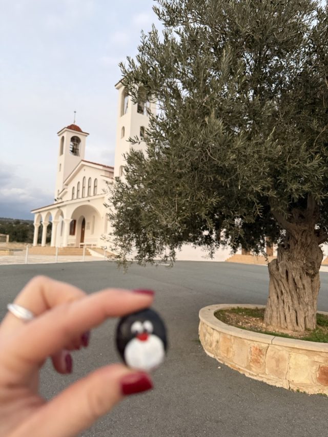 Hand-painted penguin stone #974 hidden at Ekklisia Metamorfoseos, Avdimou, Cyprus (photo 3 of 5)