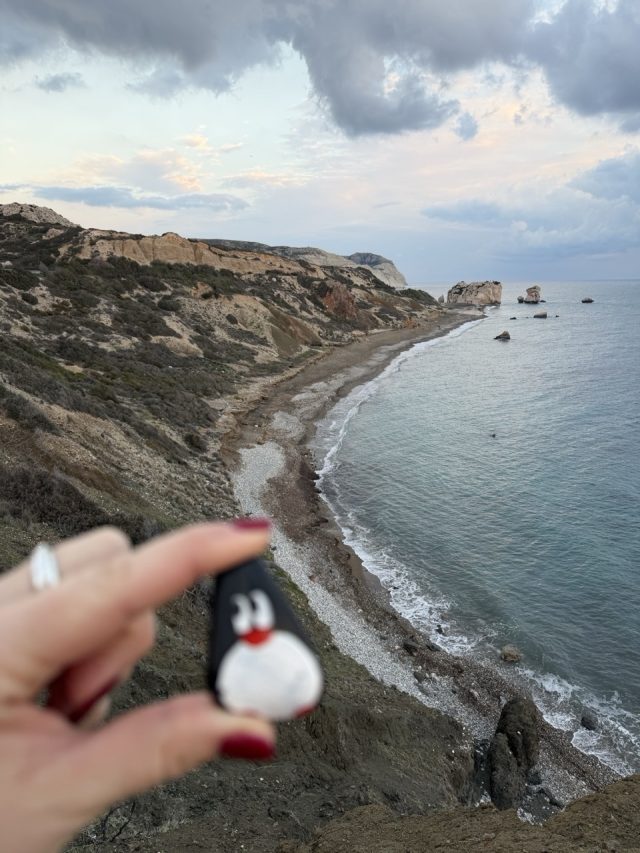 Hand-painted penguin stone #983 hidden at Bracin Rock viewpoint, Cyprus (photo 2 of 5)