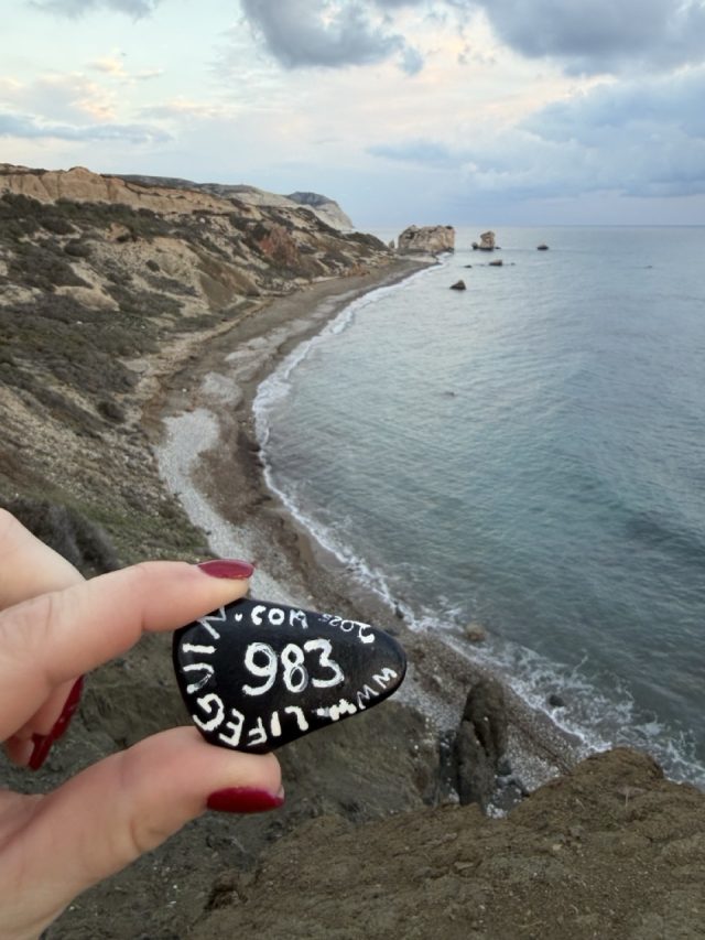 Hand-painted penguin stone #983 hidden at Bracin Rock viewpoint, Cyprus (photo 4 of 5)