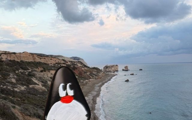 Hand-painted penguin stone #983 hidden at Bracin Rock viewpoint, Cyprus