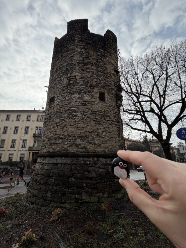 Hand-painted penguin stone #915 hidden at Torre del Galgario, Bergamo, Italy (photo 4 of 5)